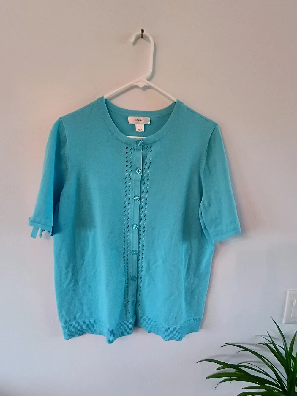 CJ Banks 1X Aqua Blue Button Front Cotton Knit Cardigan Bow Sleeve Sweater Top